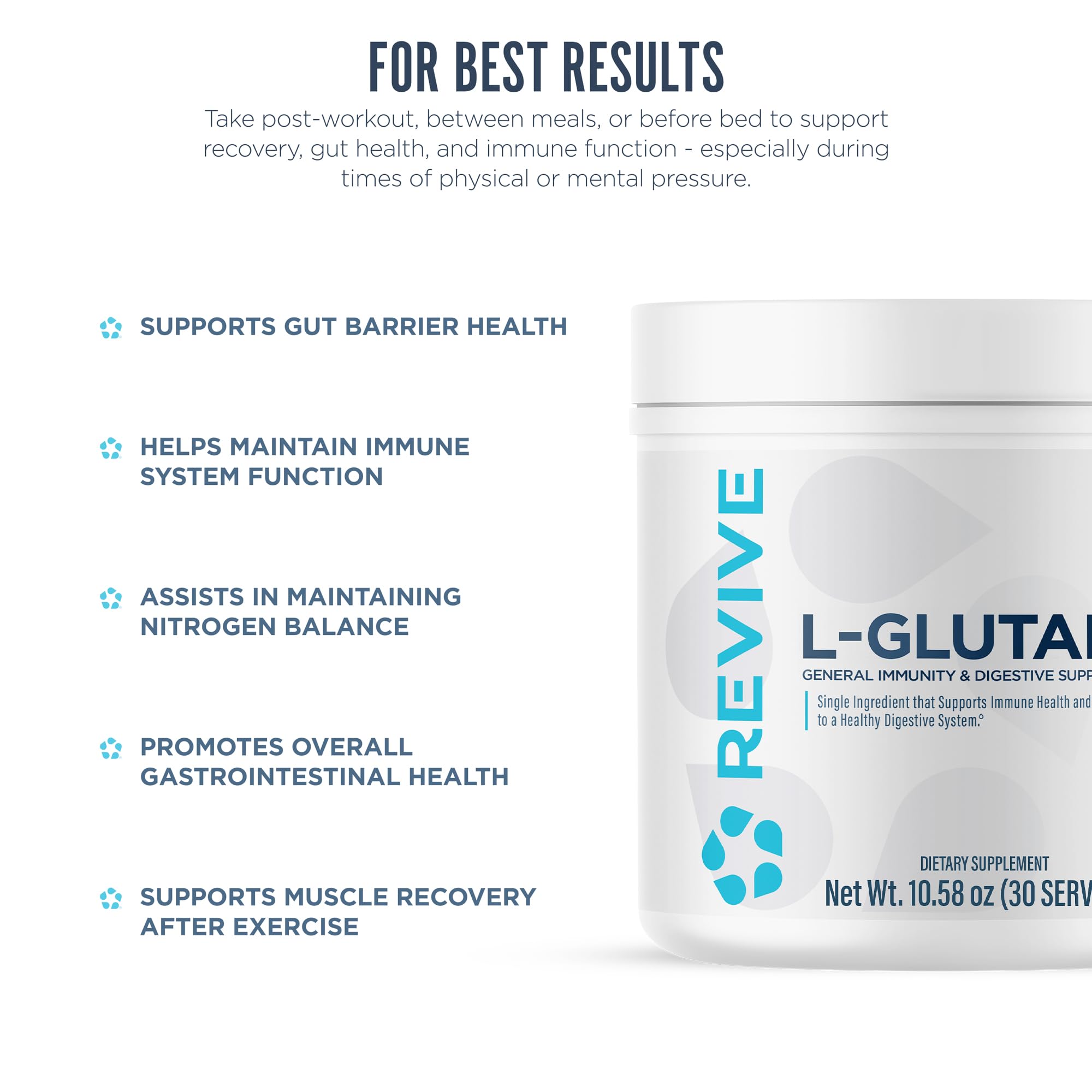 Revive MD glutamine bottle label highlights vegan, gluten-free, soy-free credentials.