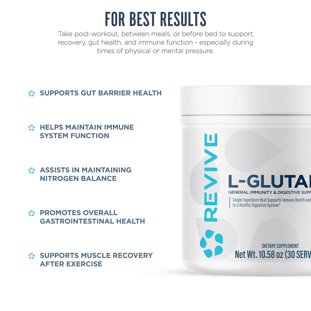 Revive MD glutamine bottle label highlights vegan, gluten-free, soy-free credentials.