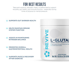 Revive MD glutamine bottle label highlights vegan, gluten-free, soy-free credentials.
