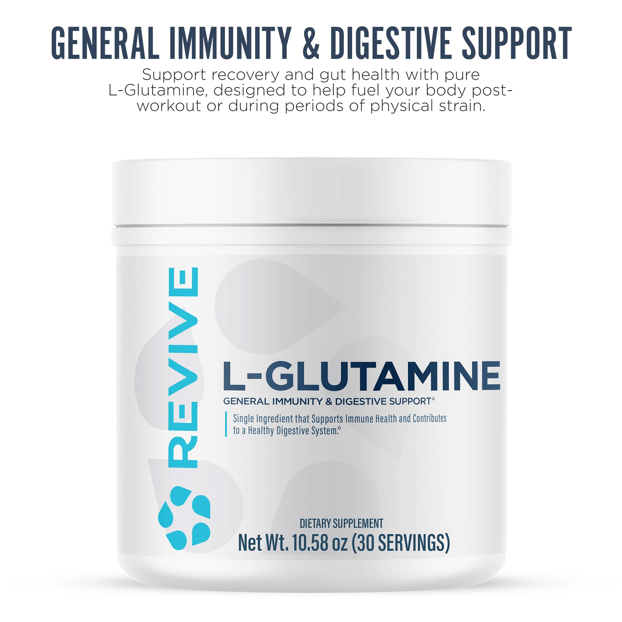Revive MD L-Glutamine pouring into water suggesting daily muscle recovery and immune support.