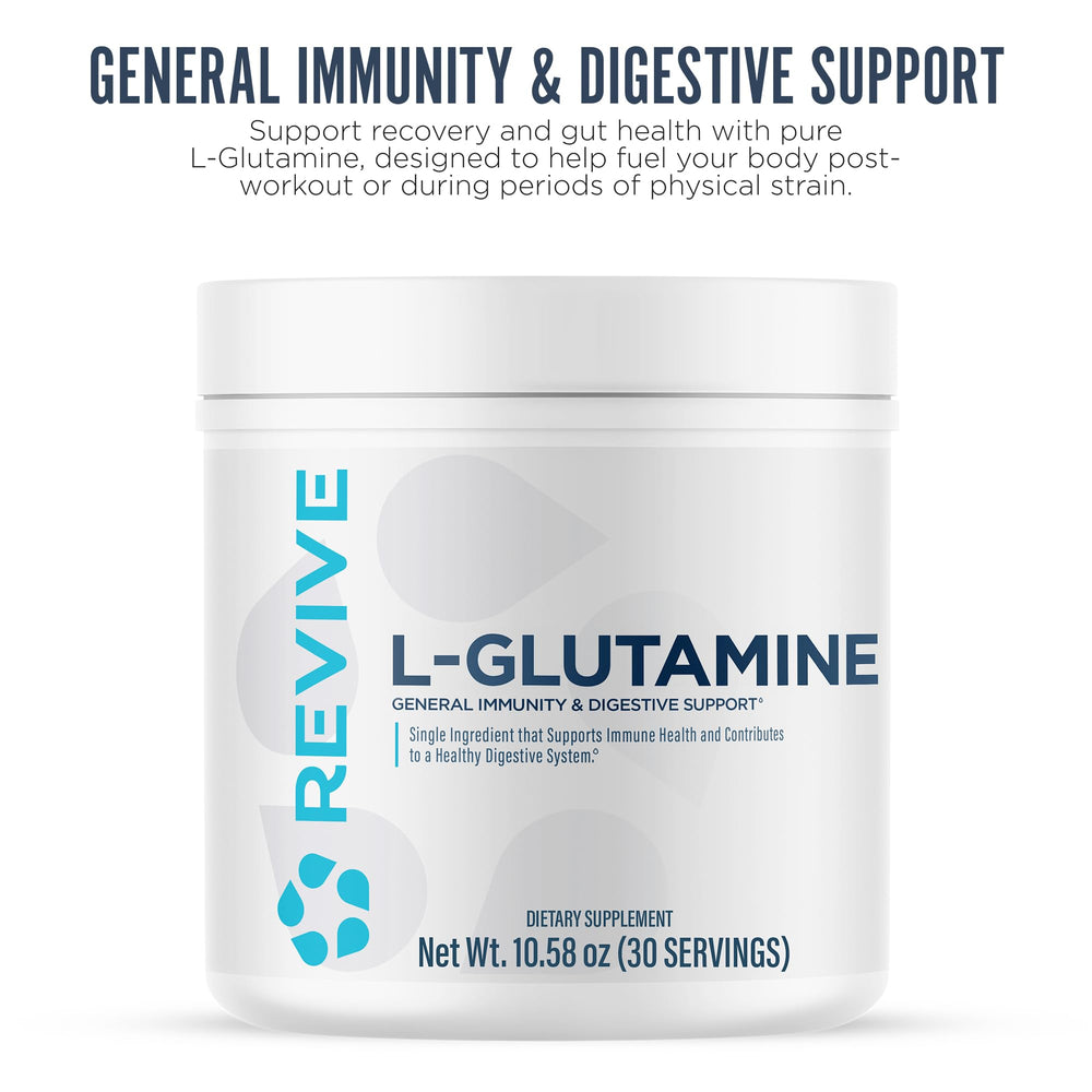 Revive MD L-Glutamine pouring into water suggesting daily muscle recovery and immune support.