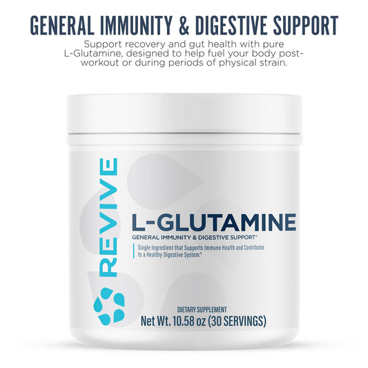 Revive MD L-Glutamine pouring into water suggesting daily muscle recovery and immune support.