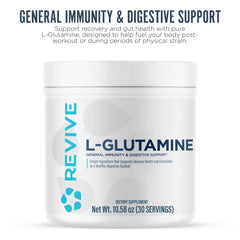 Revive MD L-Glutamine pouring into water suggesting daily muscle recovery and immune support.