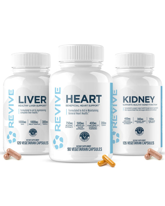 Revive MD Heart bottle label highlights heart support ingredients.