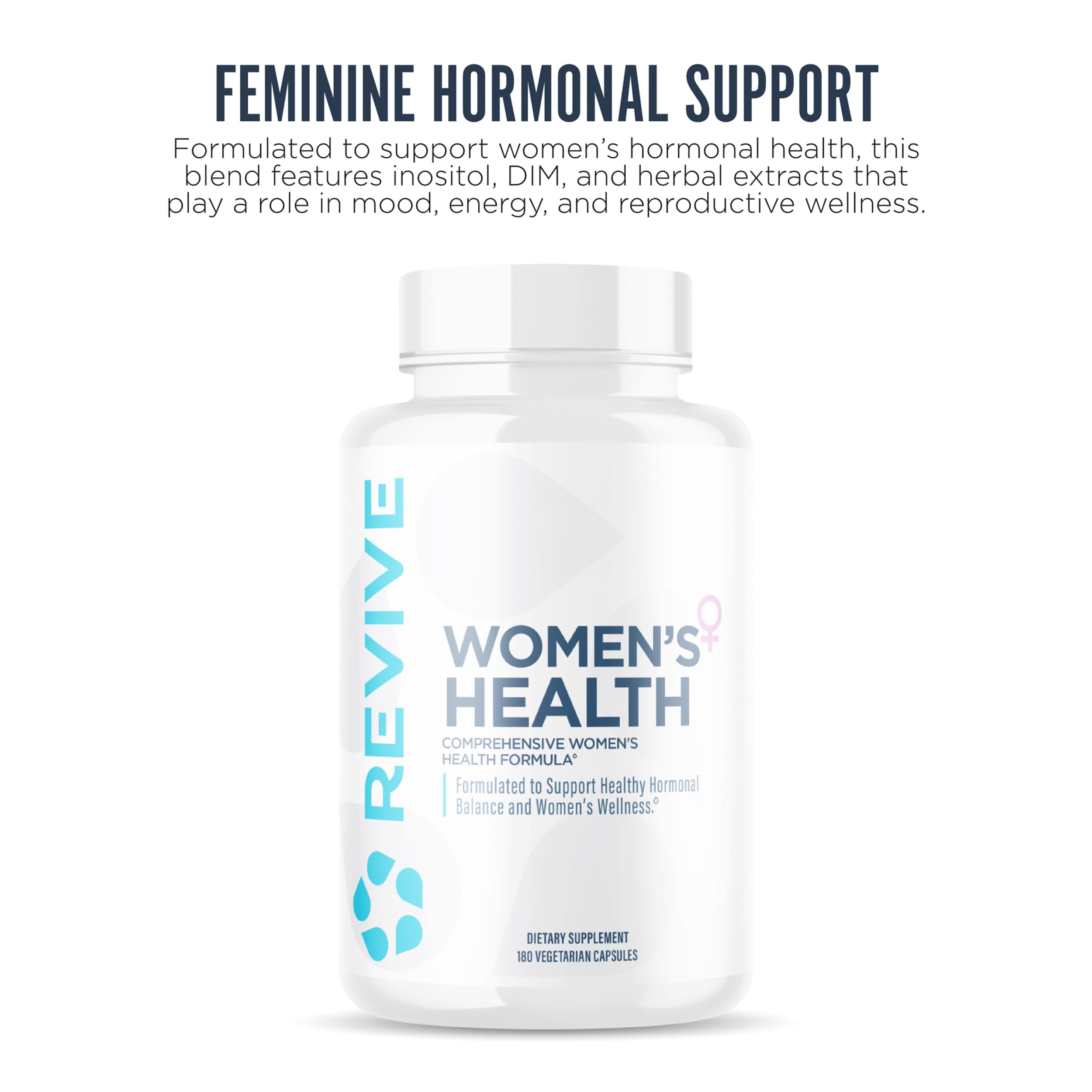 Close-up of Revive MD Hormone Balance capsules in a vegetarian formula.