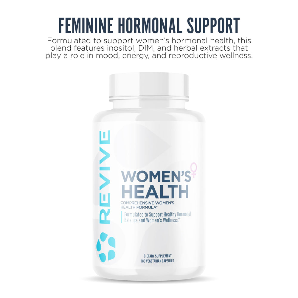 Close-up of Revive MD Hormone Balance capsules in a vegetarian formula.