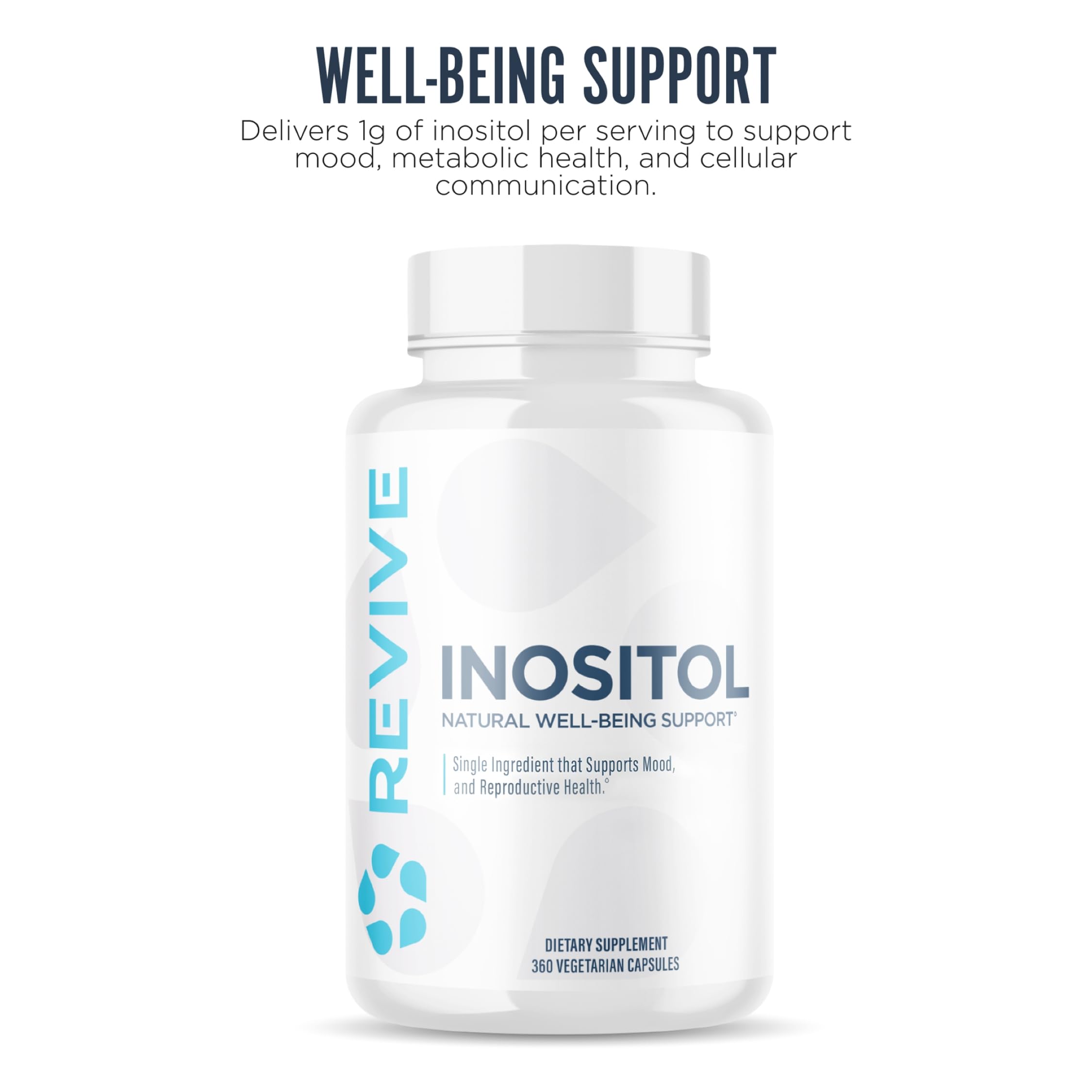 Revive MD Inositol capsules close-up featuring vegan and gluten-free formula.