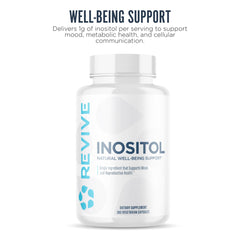 Revive MD Inositol capsules close-up featuring vegan and gluten-free formula.
