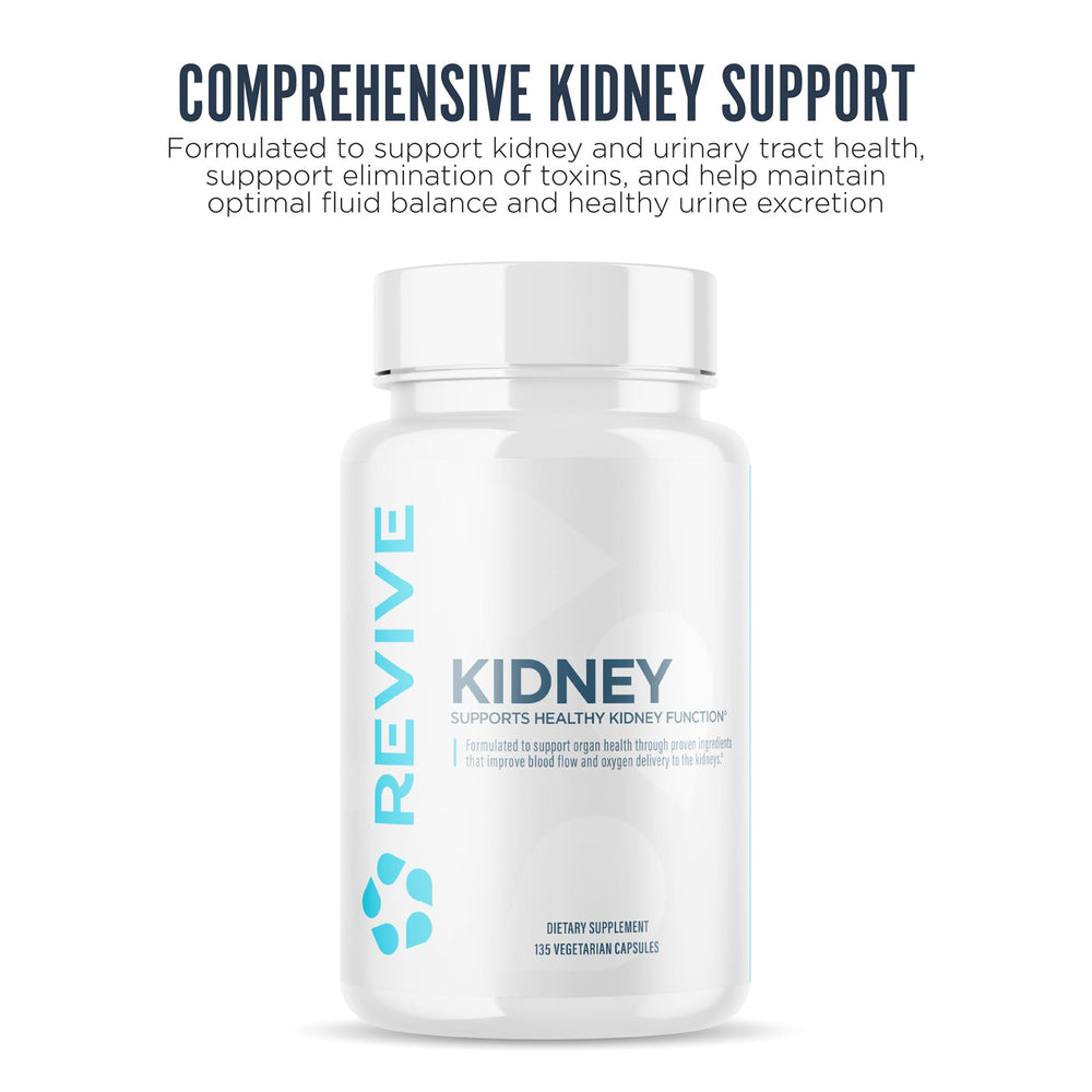 Closeup of Revive MD kidney support capsules for daily use