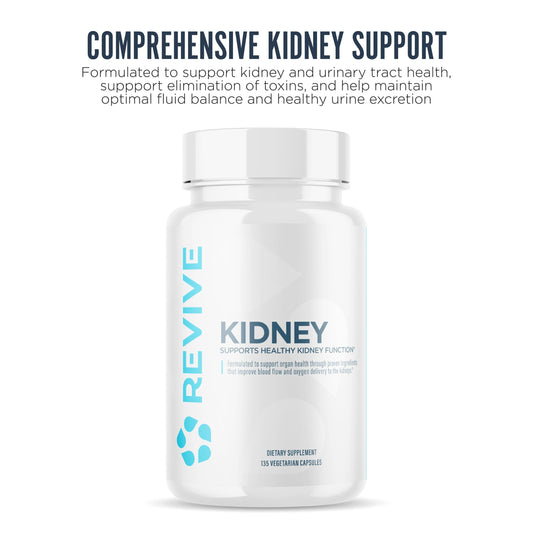 Closeup of Revive MD kidney support capsules for daily use