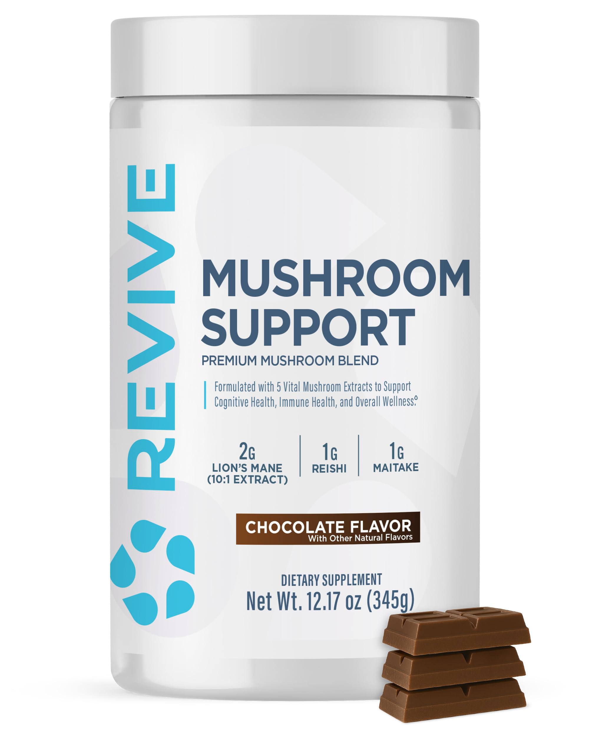 Revive MD Mushroom Powder Chocolate bottle pour supports daily focus