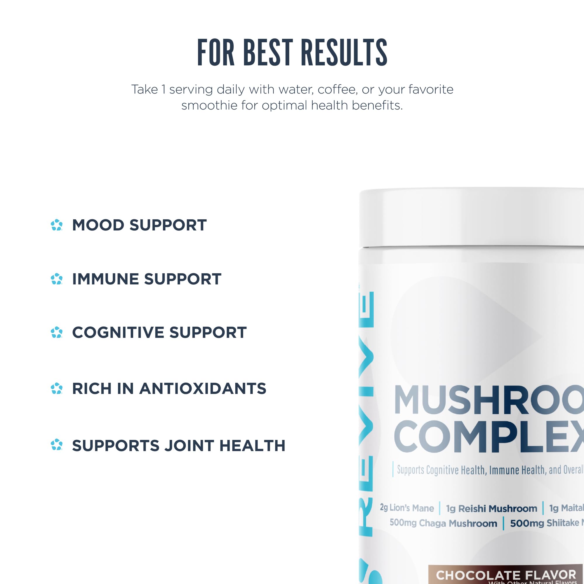 Revive MD Mushroom Powder Chocolate close-up on label highlights gluten-free formula