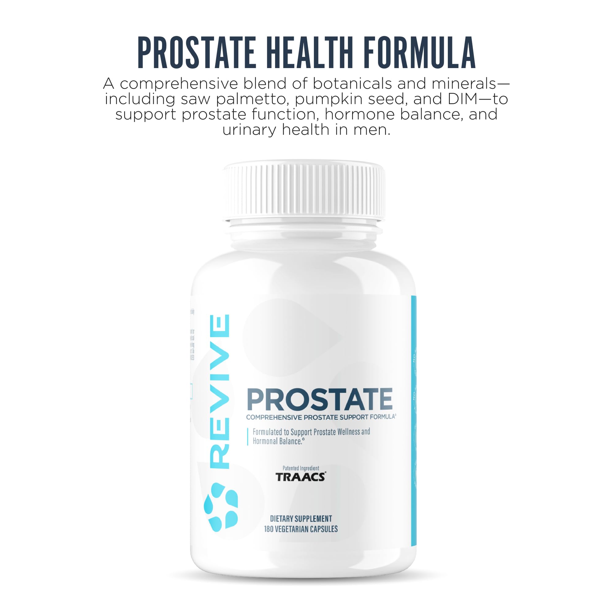 Close-up of Revive MD Prostate capsules for convenient daily use.