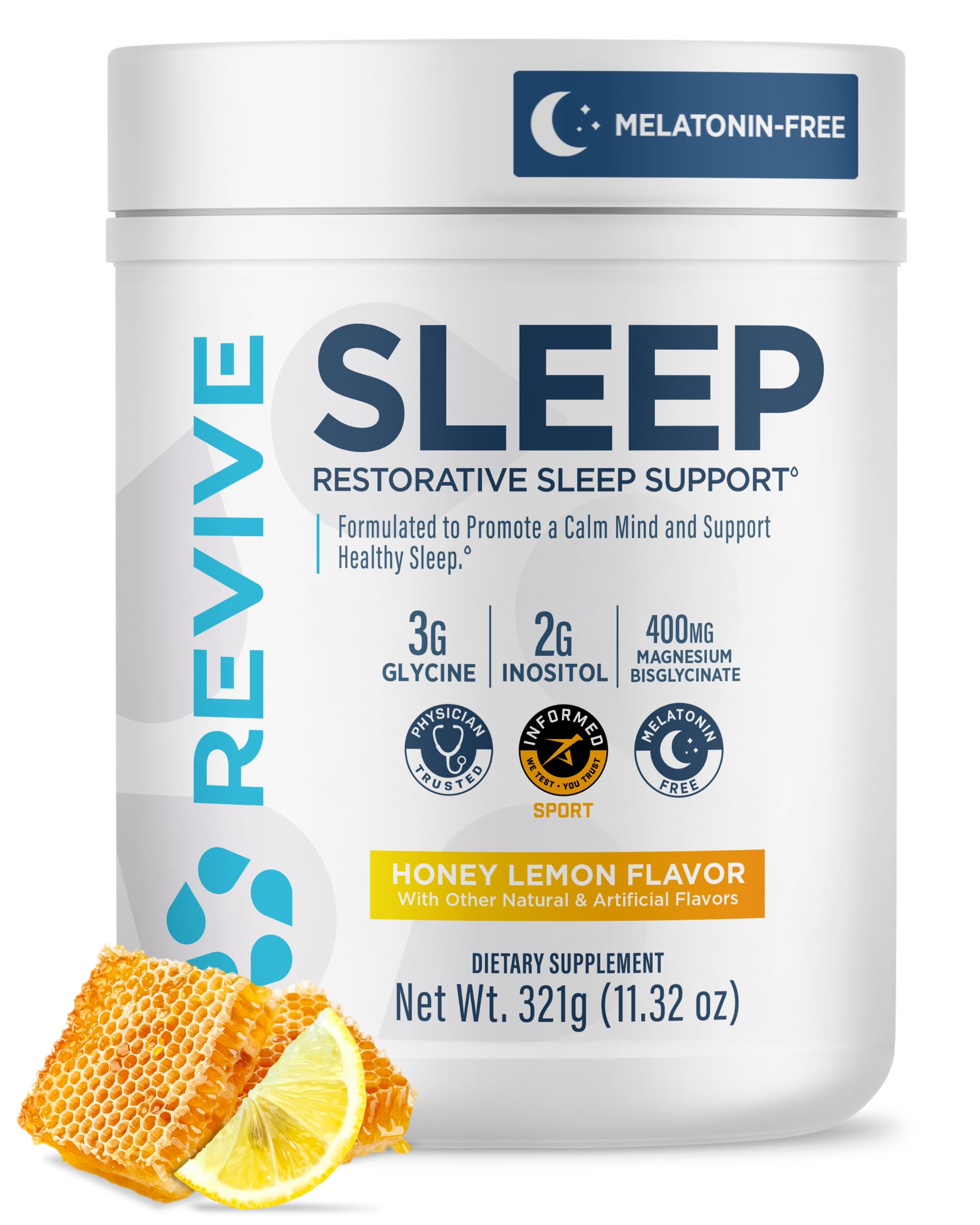 Revive MD sleep bottle front view highlighting honey lemon formula for deep relaxation
