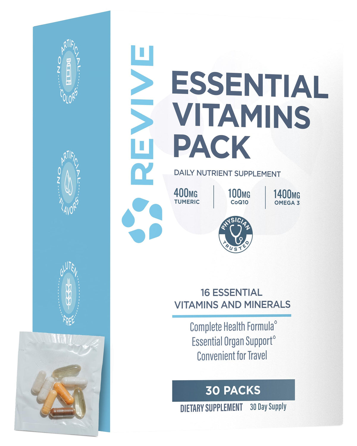 Revive MD Essential Vitamin Packs front view, compact packaging for daily wellness.
