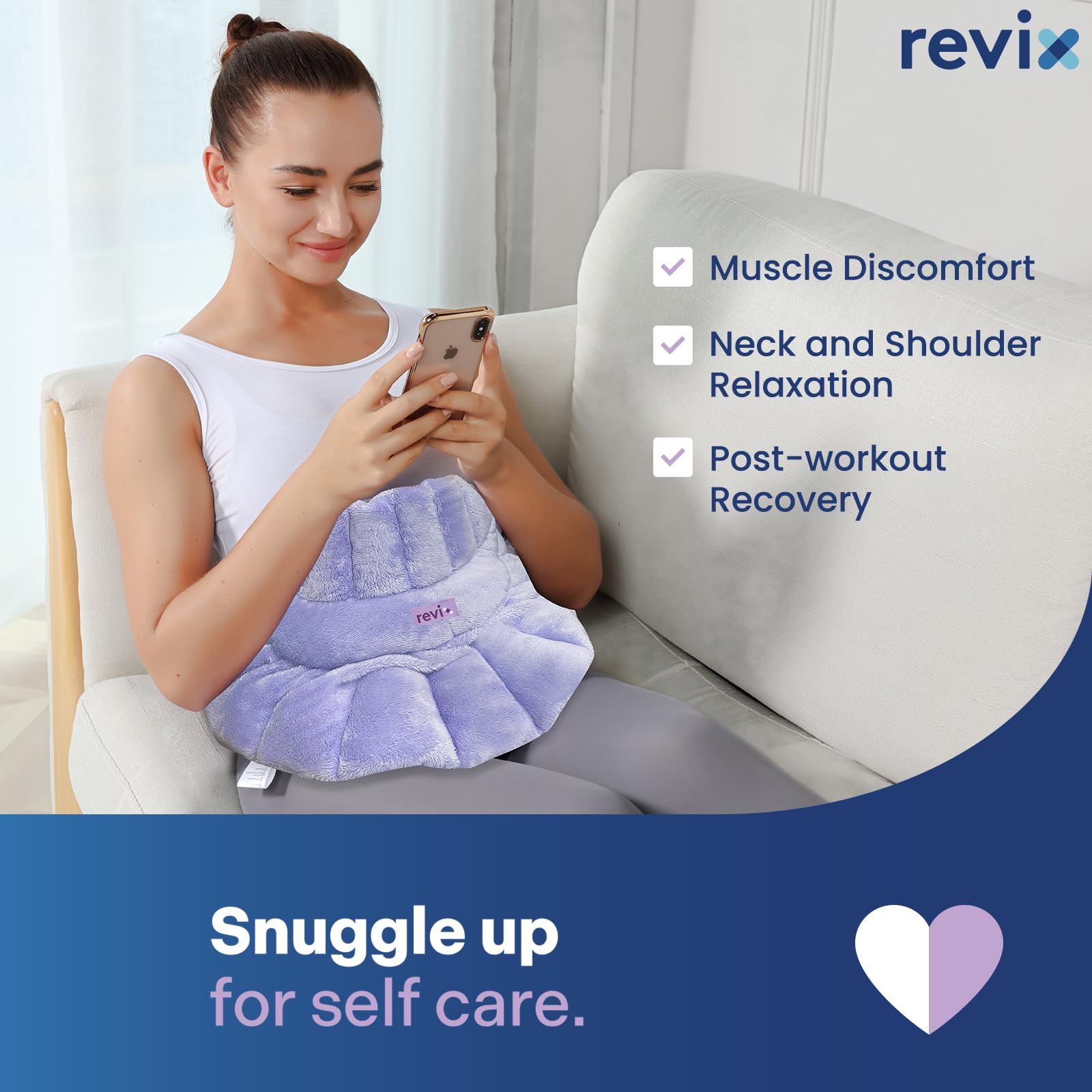 REVIX neck wrap used at desk or couch for convenient warmth