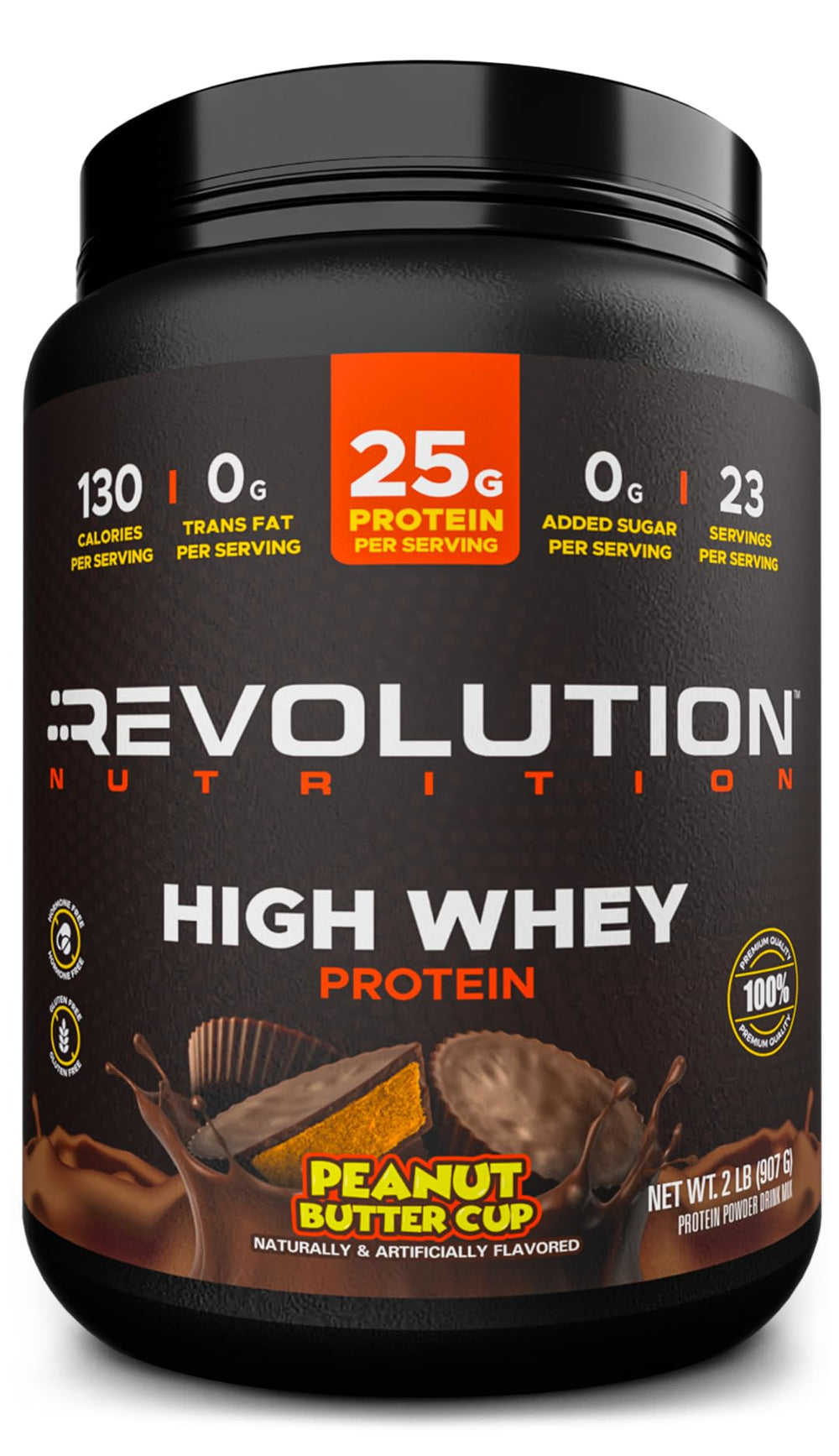Revolution Nutrition High Whey bottle shows Chocolate Peanut Butter Cup flavor with gluten-free protein.