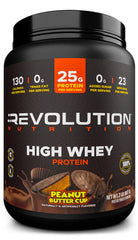 Revolution Nutrition High Whey bottle shows Chocolate Peanut Butter Cup flavor with gluten-free protein.