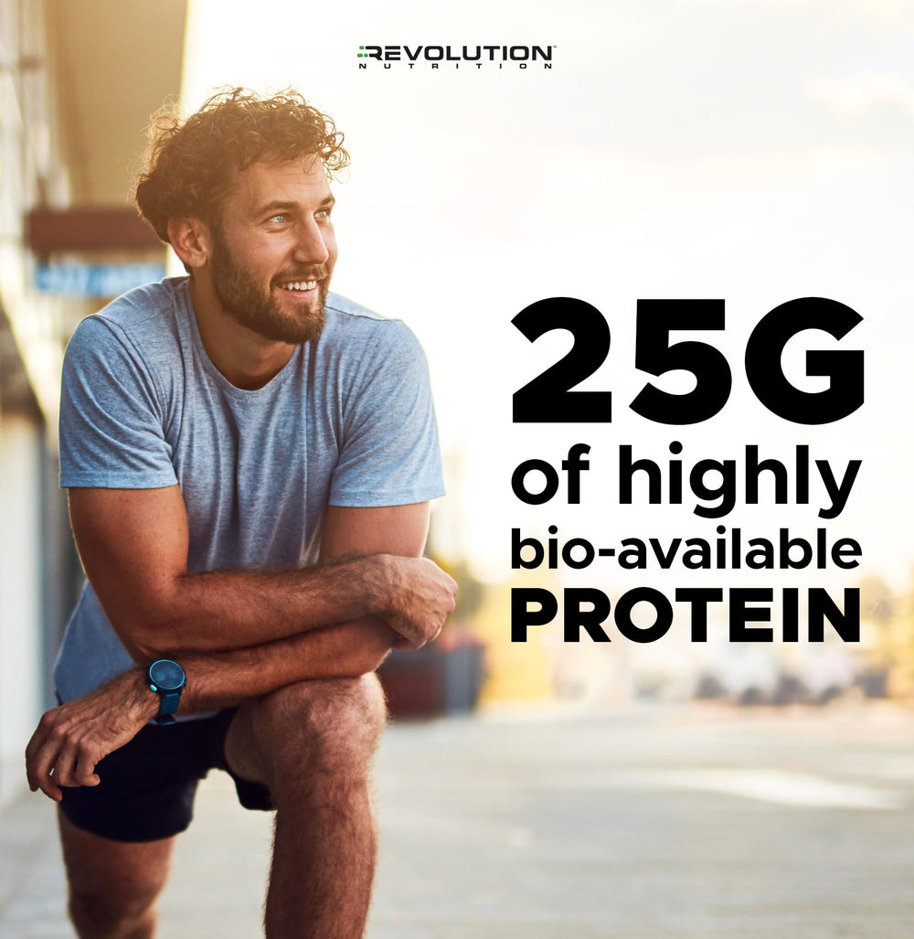 Revolution Nutrition High Whey packaging signals digestive enzymes for better absorption.