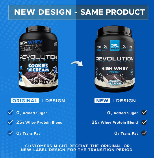 Revolution Nutrition High Whey scoop dispensing demonstrates convenient 25 g servings.