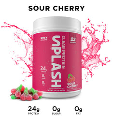 Splash Clear Protein pour into a glass reveals a juice-like shake with zero sugar.