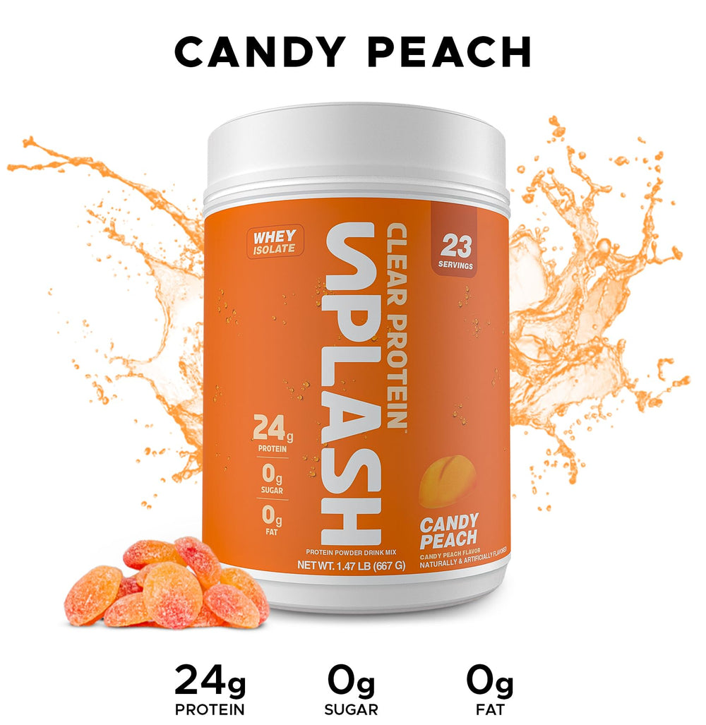 Revolution Nutrition Splash Clear Protein shaker shows candy peach flavor for a zero sugar protein boost.