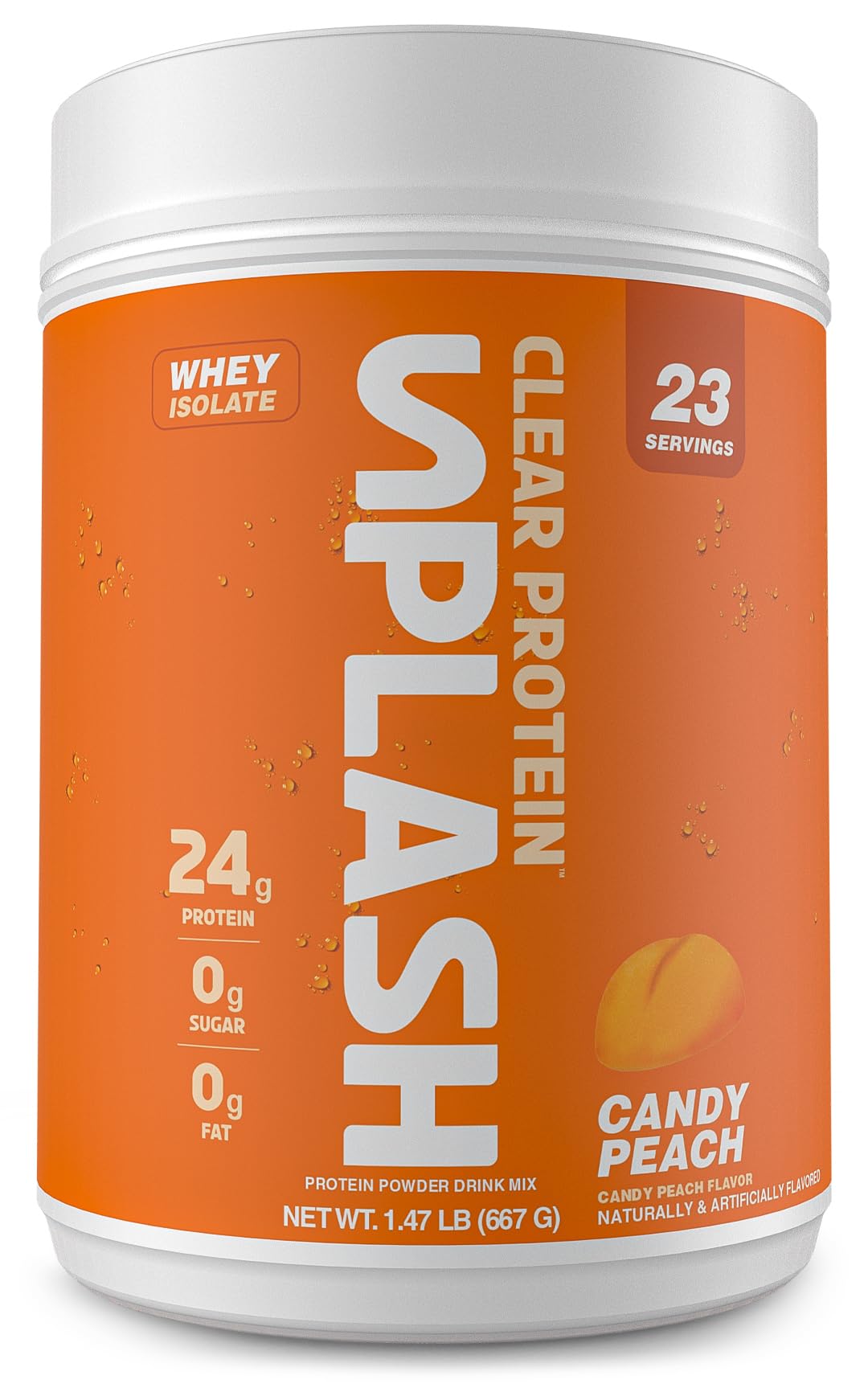 Revolution Nutrition Splash Clear Protein tub front with candy peach flavor and 24g protein per serving.