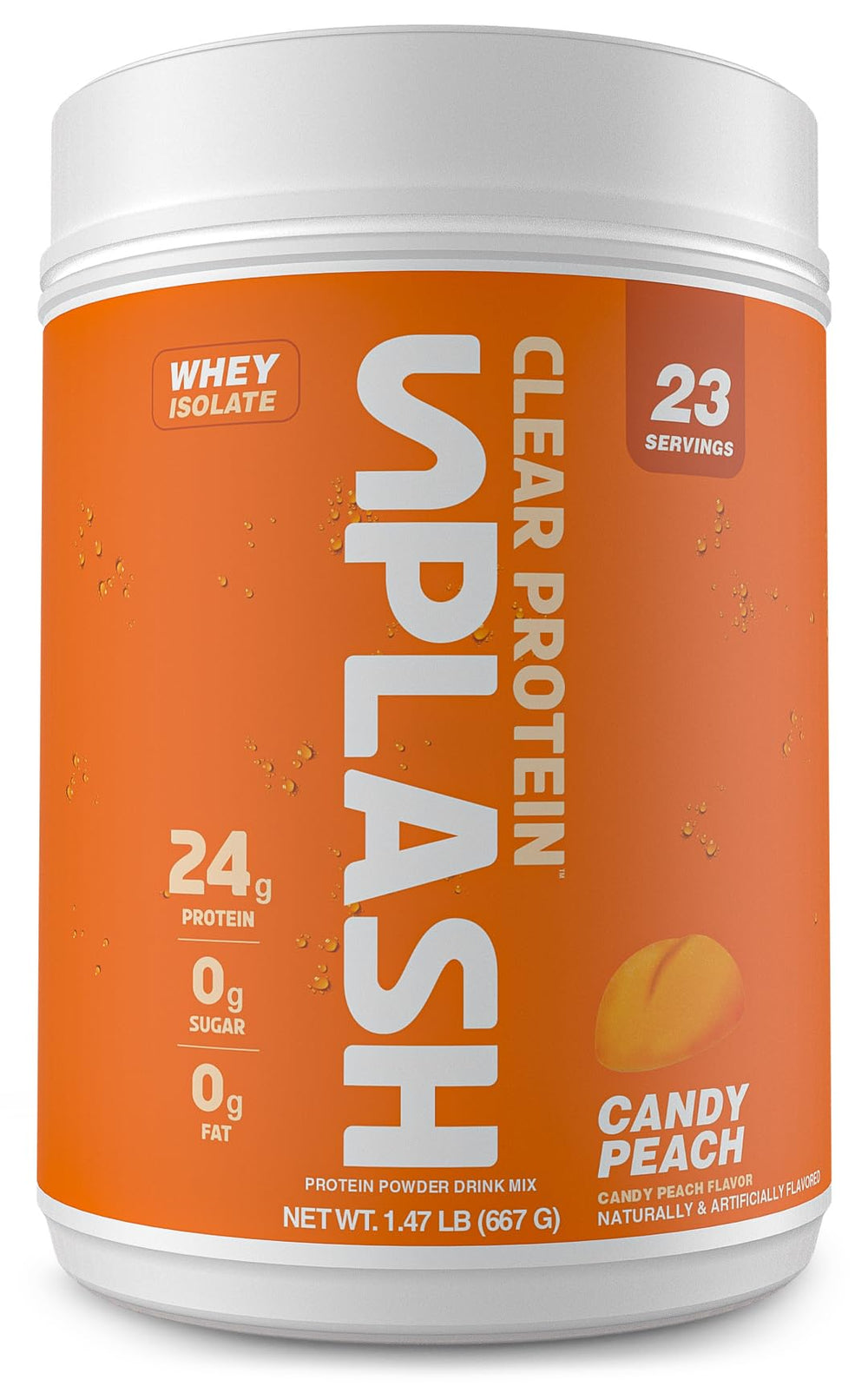 Revolution Nutrition Splash Clear Protein tub front with candy peach flavor and 24g protein per serving.