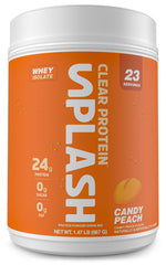Revolution Nutrition Splash Clear Protein tub front with candy peach flavor and 24g protein per serving.