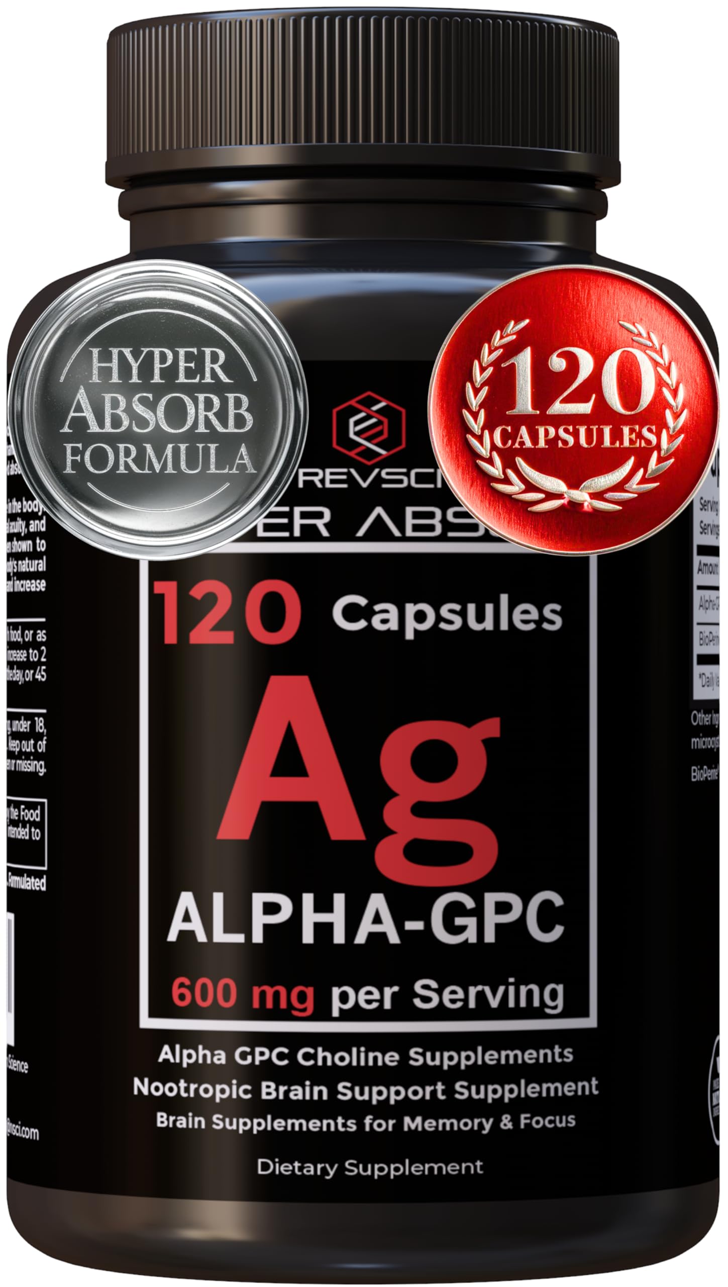 Revolution Science Alpha GPC bottle with Bioperine, highlighting absorption and focus