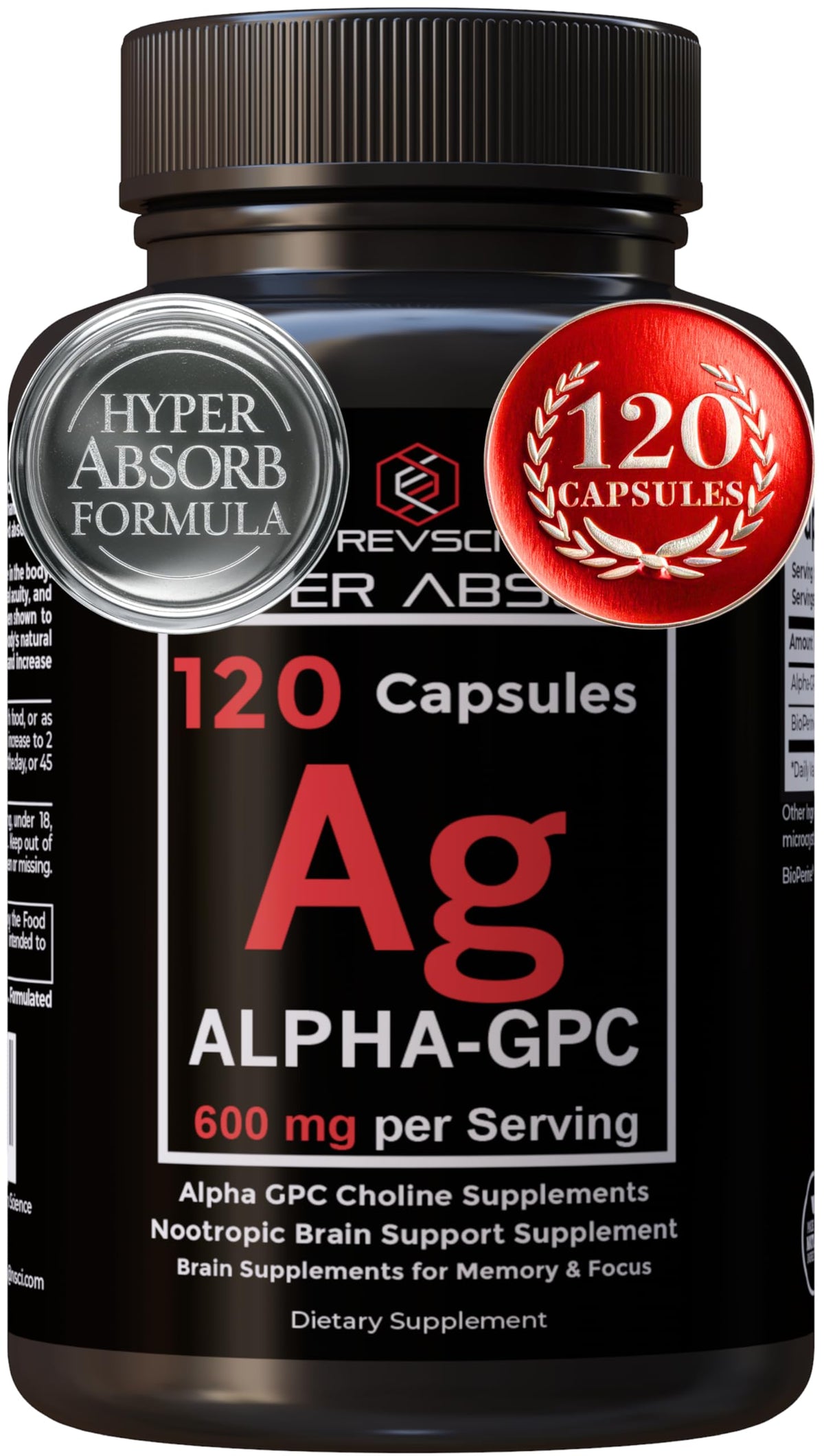 Revolution Science Alpha GPC bottle with Bioperine, highlighting absorption and focus