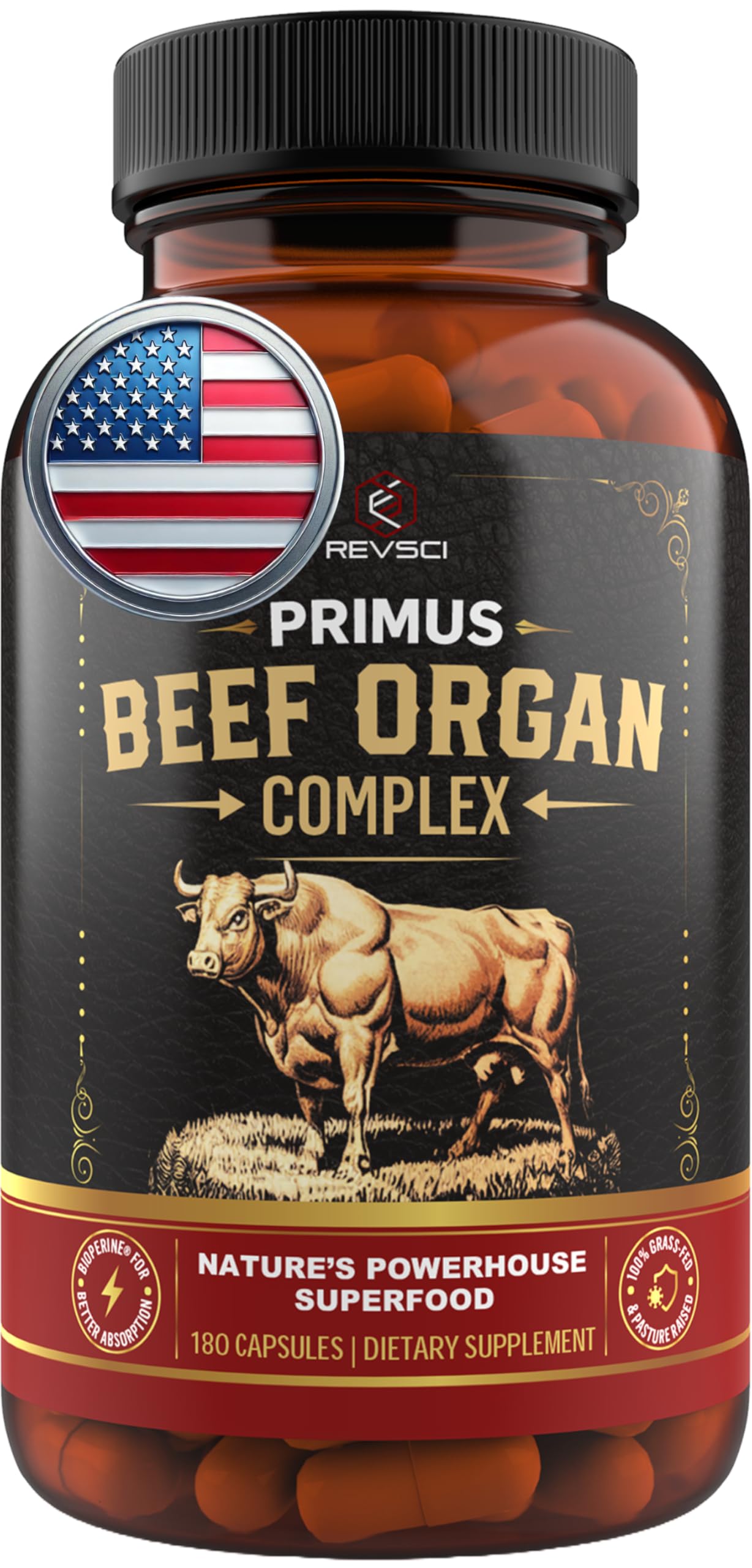 Revolution Science PRIMUS bottle front shows branding and Grass-fed beef liver capsules for energy support