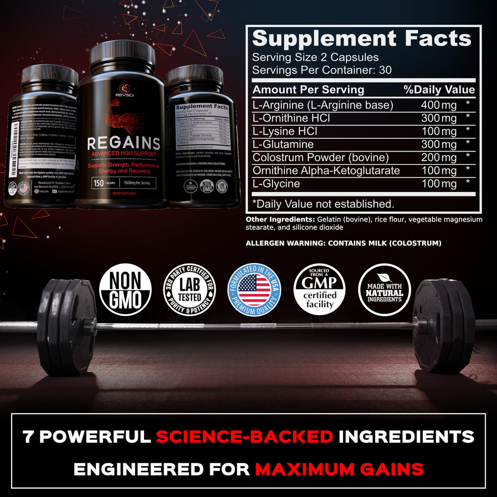 Regains packaging box highlights cGMP and NSF tested quality and safety.