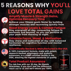 Label closeup of Revolution Science T-GAINS bottle highlighting energy and endurance support.