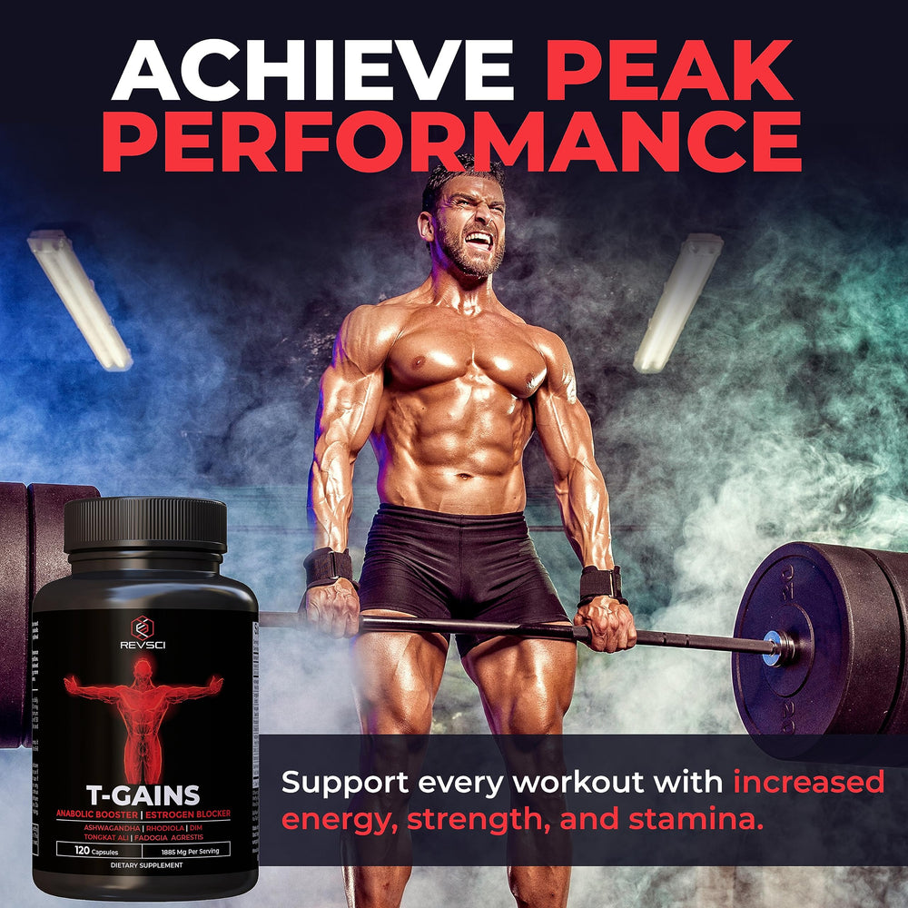 Capsules inside container, Revolution Science T-GAINS, easy daily capsules for workouts.