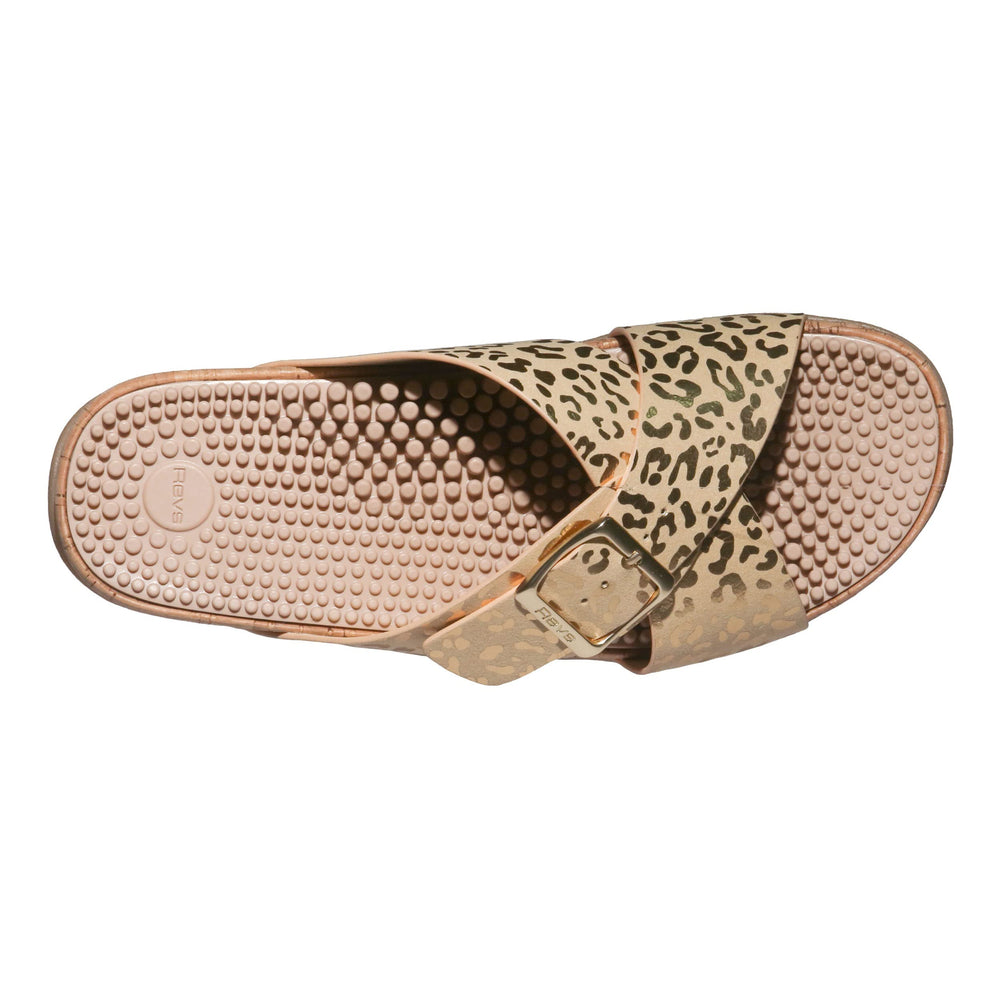 Gold cheetah print straps add style to everyday wellness footwear