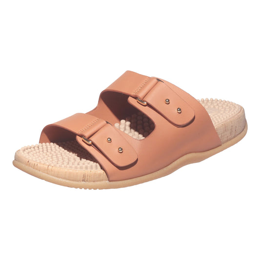 Revs Shiel women's double-strap reflexology sandal tan massaging feet on the go