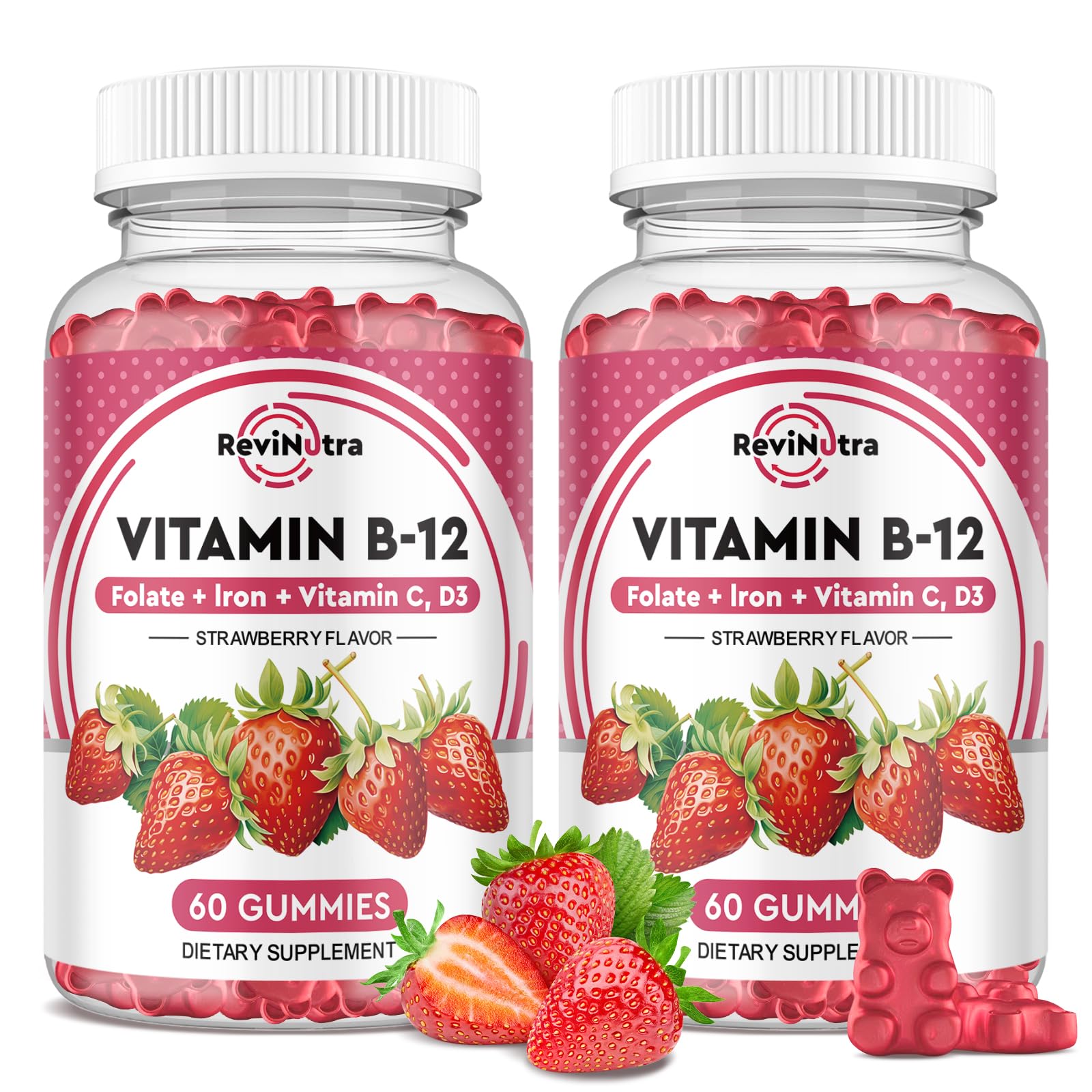 ReviNutra Vitamin B12 Gummies bottle highlighting strawberry flavor for daily energy support.