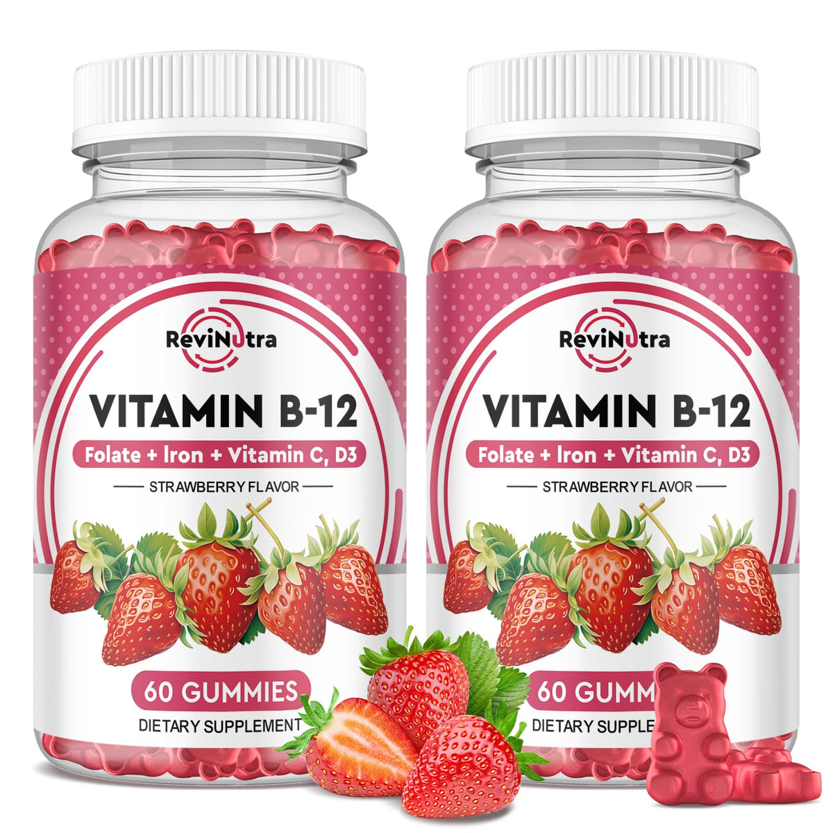 ReviNutra Vitamin B12 Gummies bottle highlighting strawberry flavor for daily energy support.
