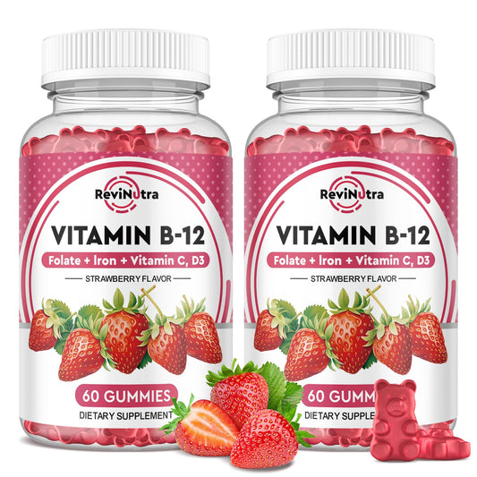 ReviNutra Vitamin B12 Gummies bottle highlighting strawberry flavor for daily energy support.