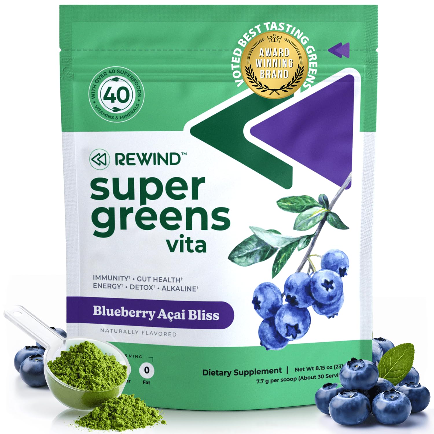 Rewind best-tasting greens bottle close-up for daily nutrition potential
