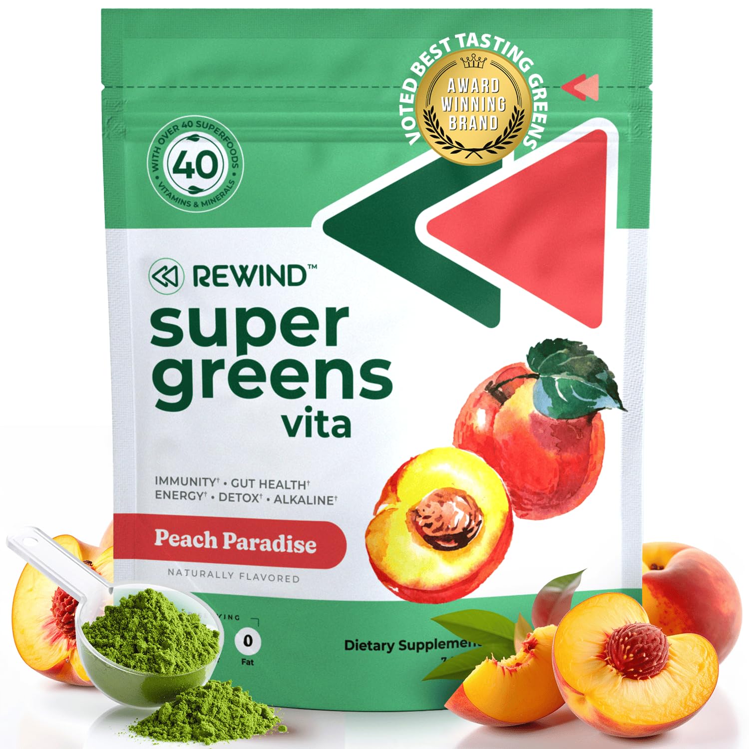 Rewind best-tasting super greens peach bottle for a tasty daily greens routine