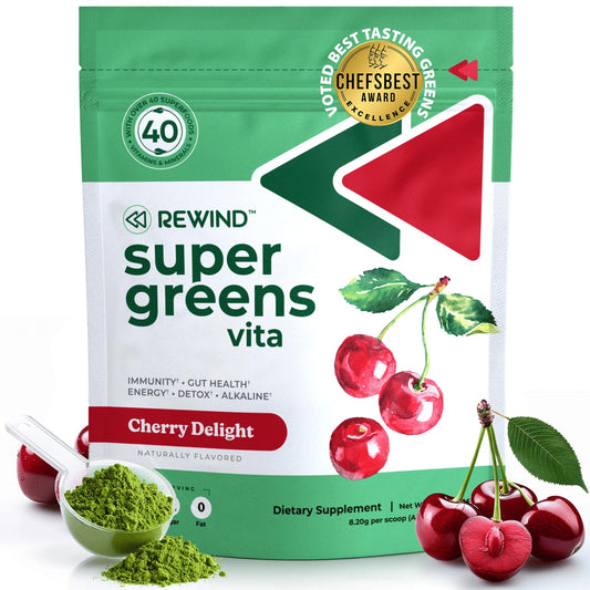 Rewind super greens bottle pour for convenient daily nutrition on the go.