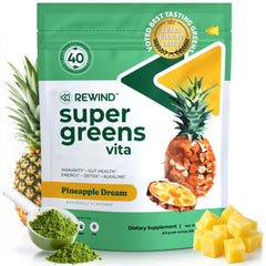 Rewind Pineapple Super Greens bottle ready for a daily greens ritual and energy boost.