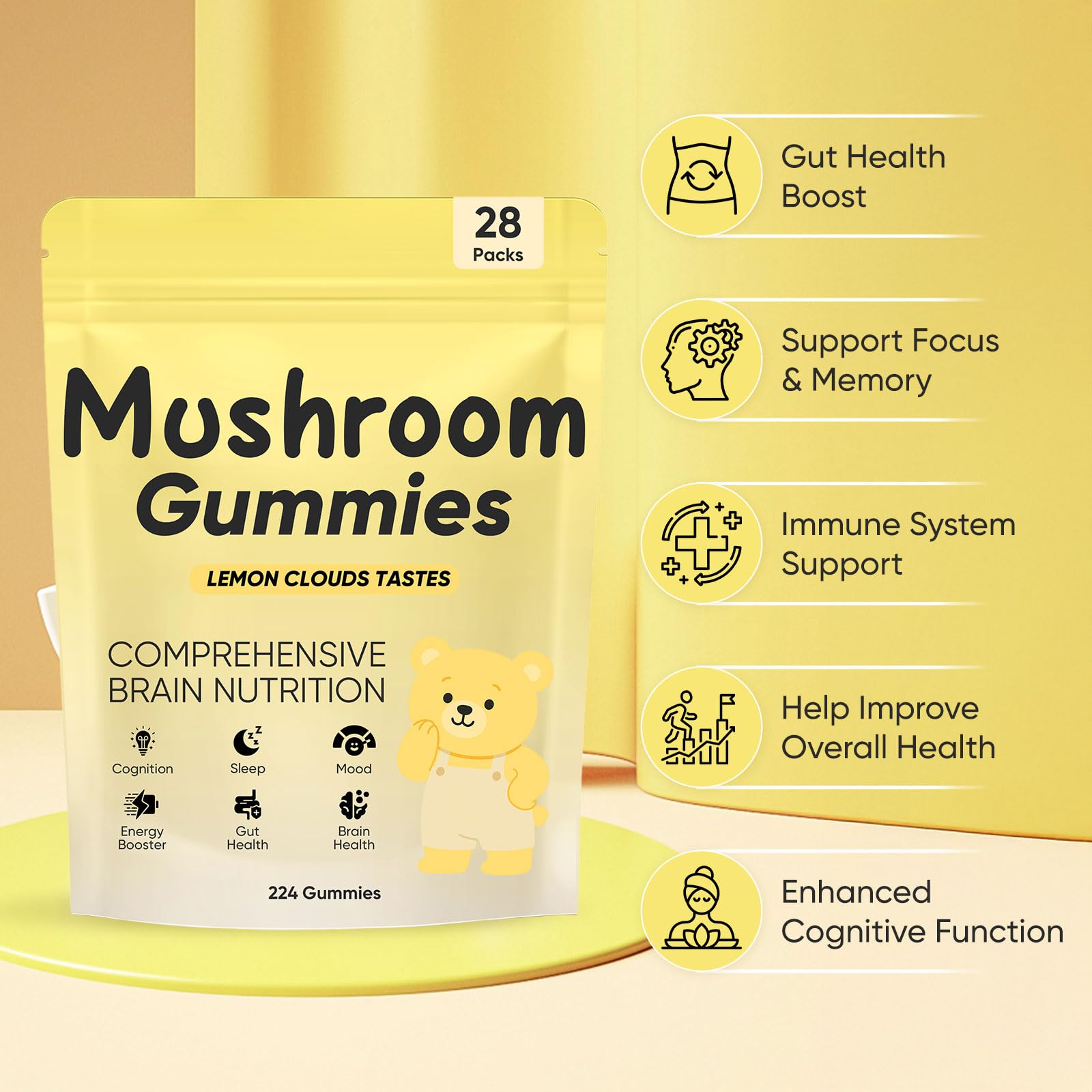 REYUQU Lions Mane label highlights vegan and gluten-free formulation for clean choices.