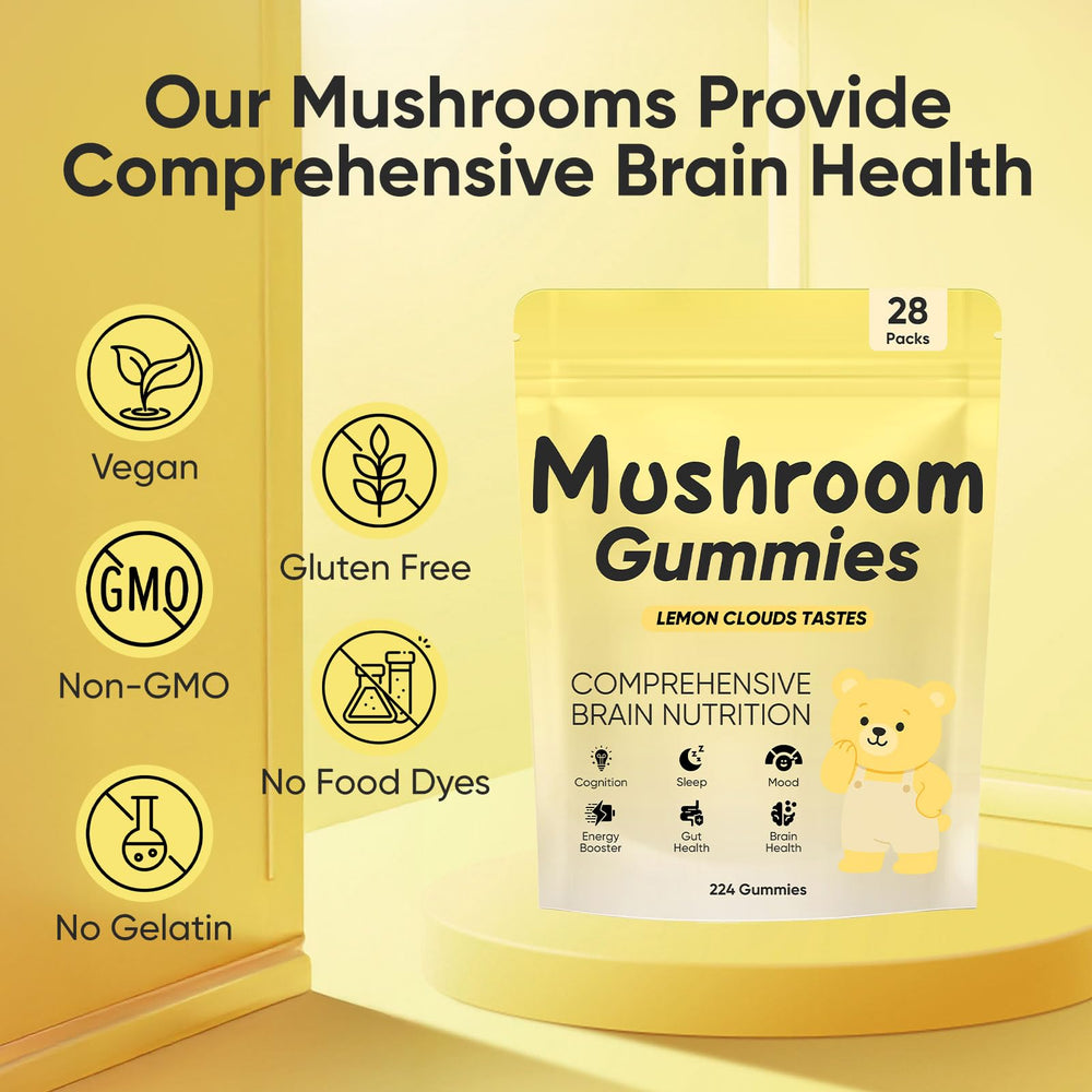 REYUQU Lions Mane six-mushroom blend illustration emphasizes cognitive support and potency.