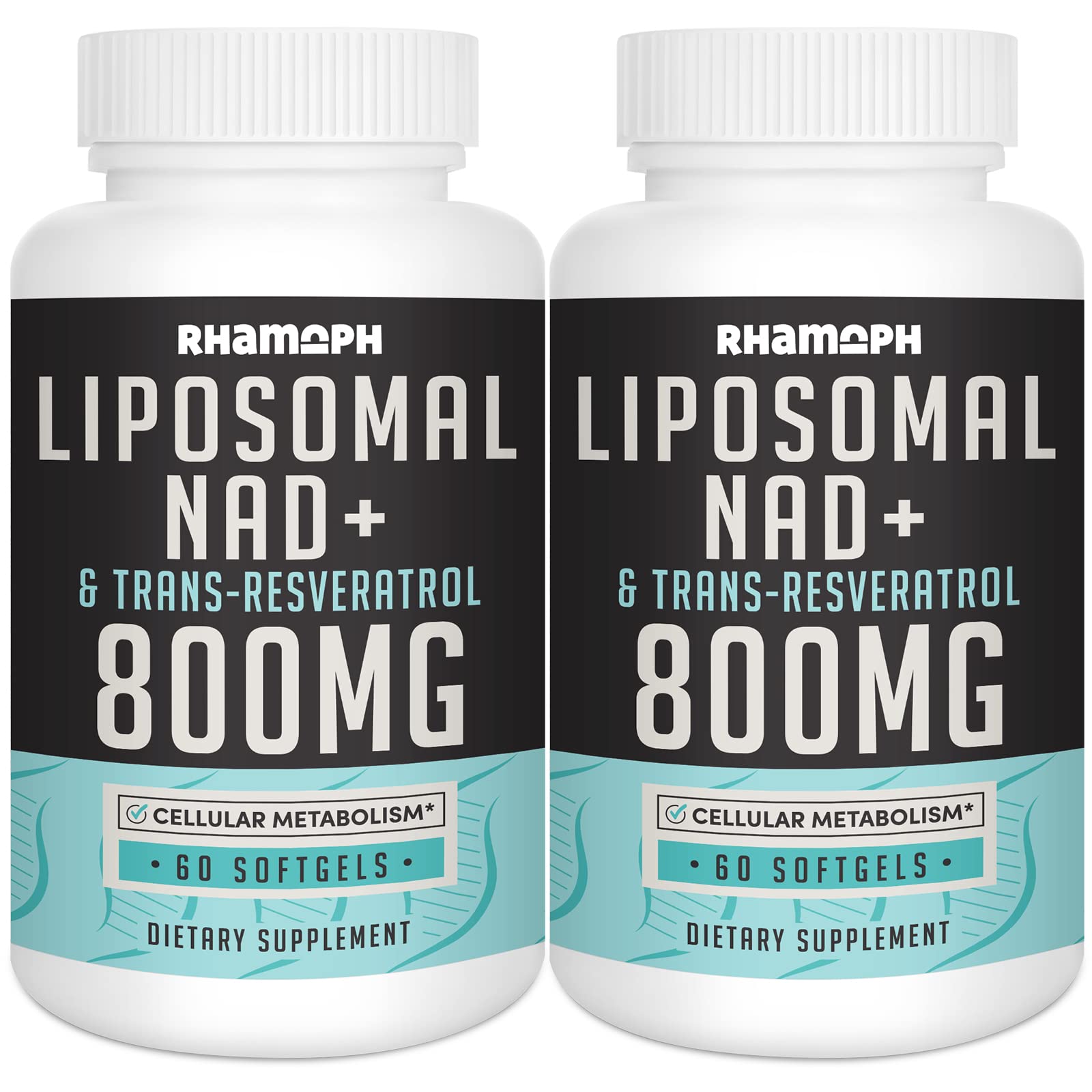 Rhamoph Liposomal NAD+ bottle closeup highlighting advanced absorption.