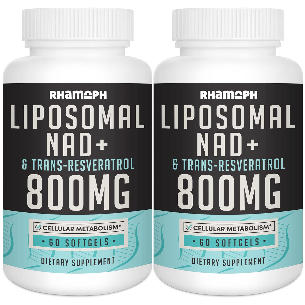 Rhamoph Liposomal NAD+ bottle closeup highlighting advanced absorption.
