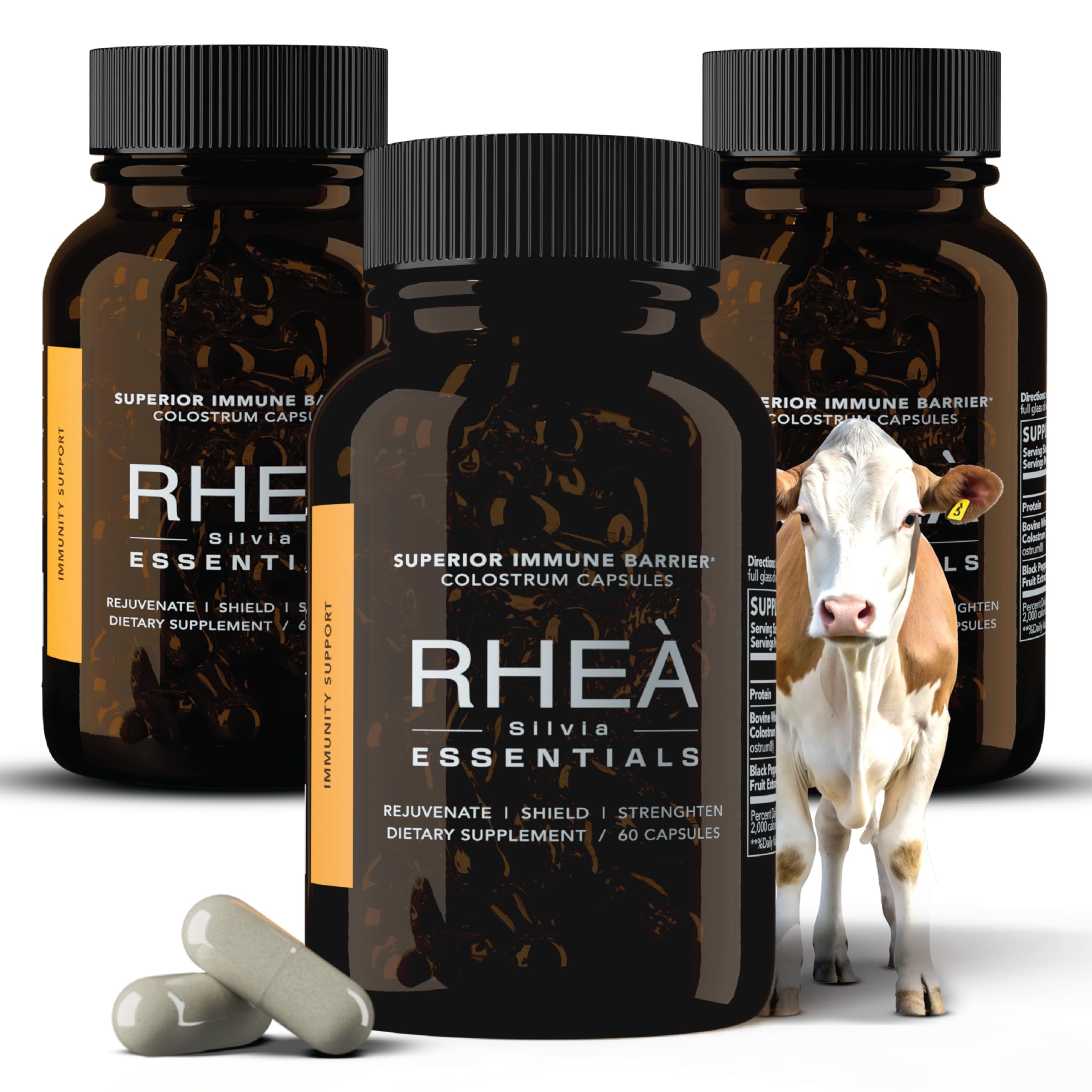 RHEASILVIA Rhea bovine colostrum bottle for daily immune and gut support.