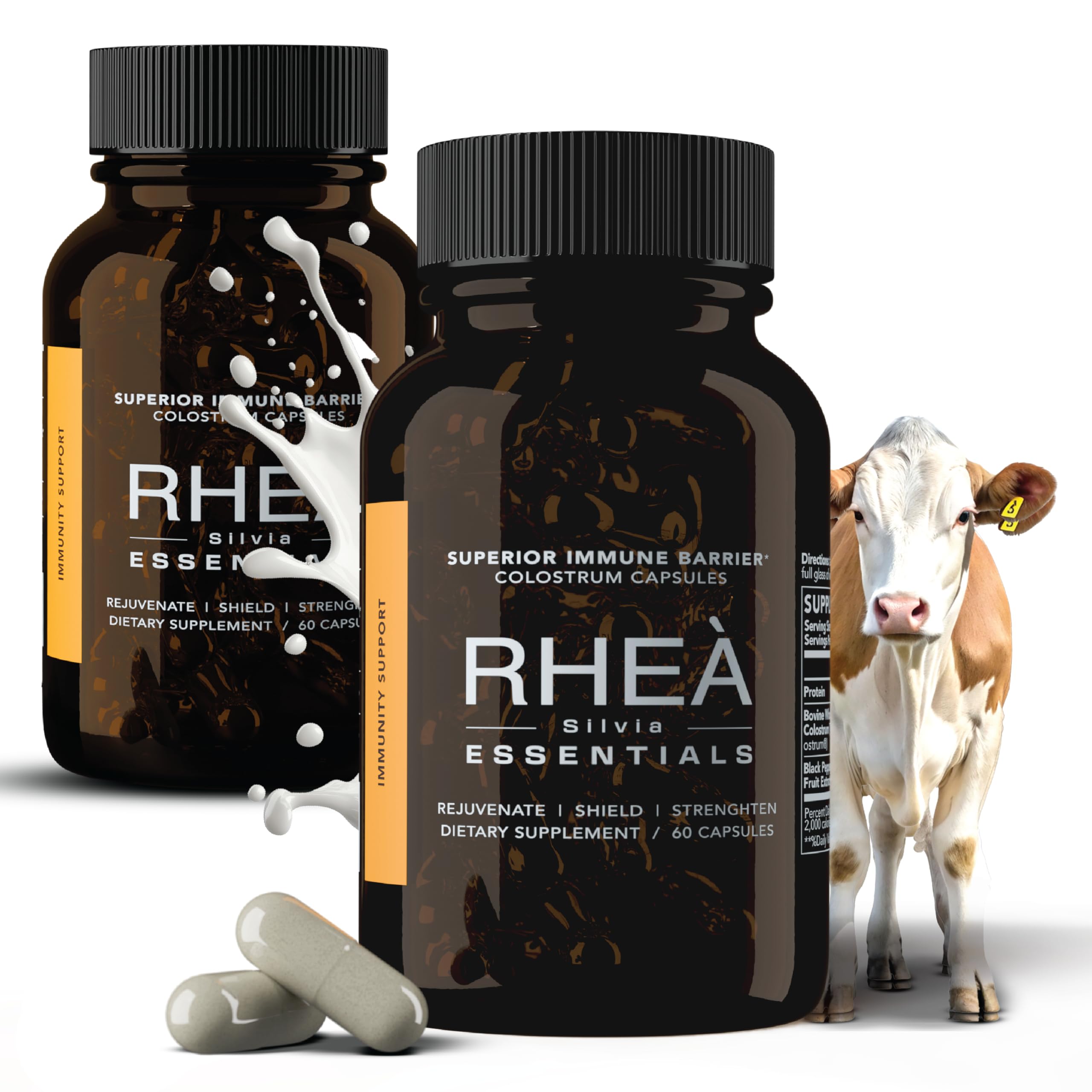 RHEASILVIA Rhea Bovine Colostrum bottle highlighting immune support